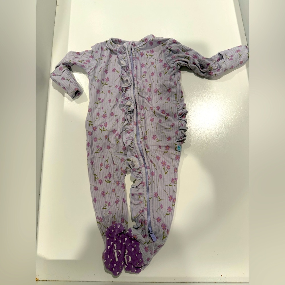Posh peanut purple flowers ribbed onesie